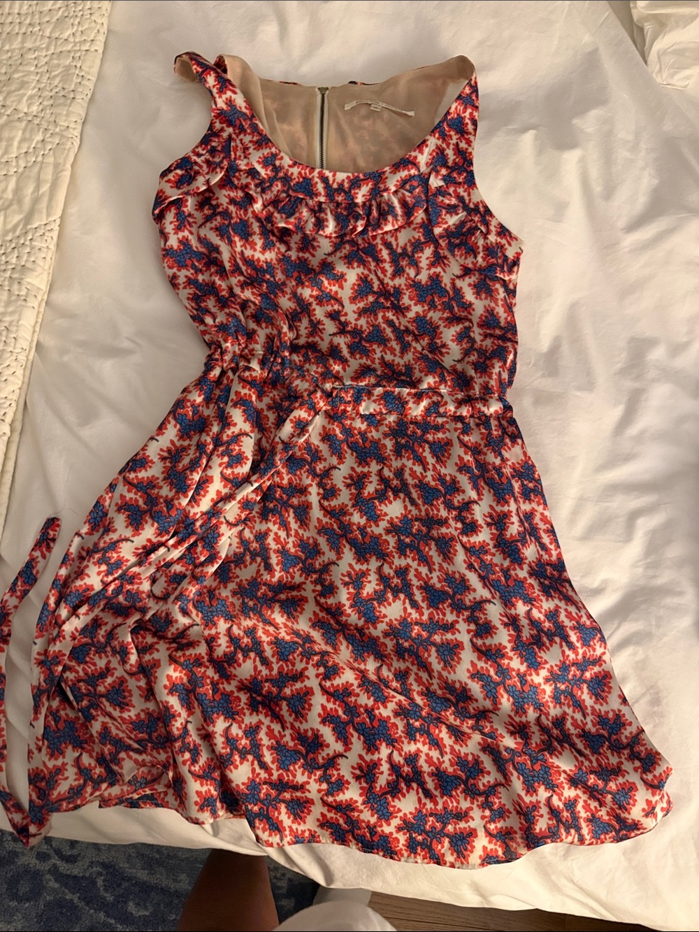Collective Concepts Red & Blue Printed Ruffle-Neck Mini Dress